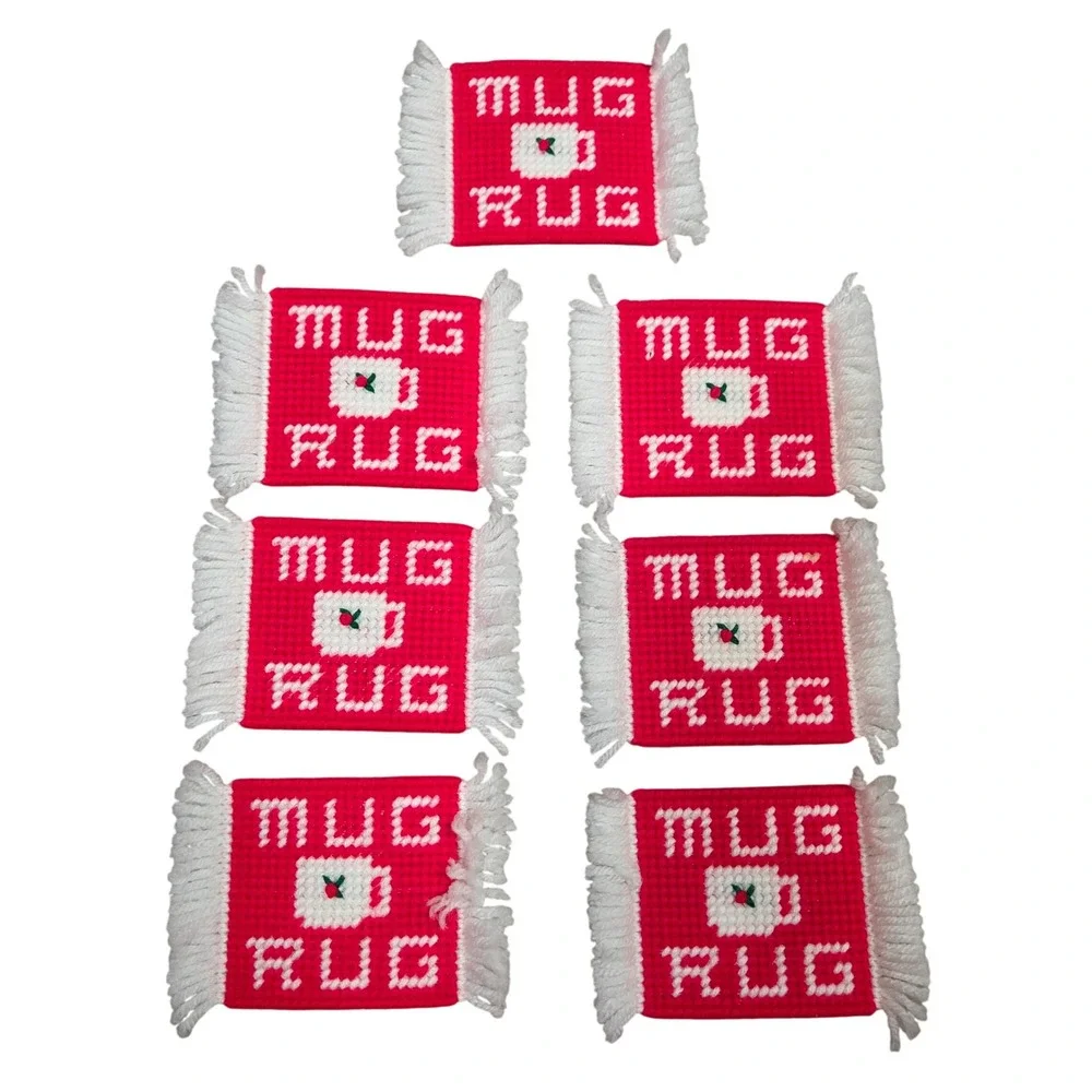 Vintage Handmade Needlepoint Mug Rug Coaster Set Red White 7pc with‎ Holder